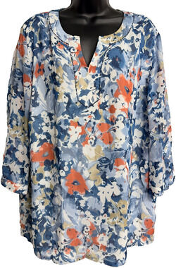 JM Collection Beaded Split Neck Blouse Women 20W Blue Floral Slit Sleeve Top